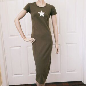 Star Print Tee Shirt Midi Dress SZ S Khaki Green